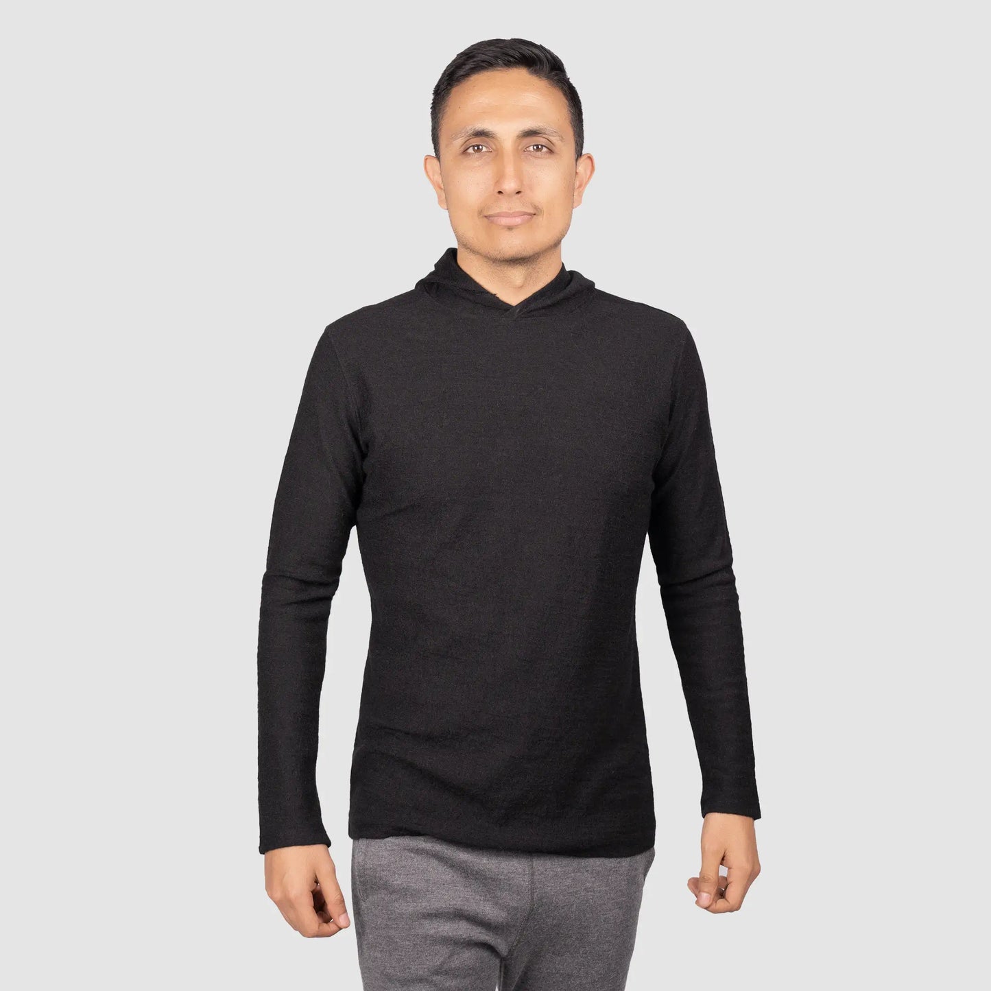 mens sustainable alpaca wool longsleeve hoodie color black