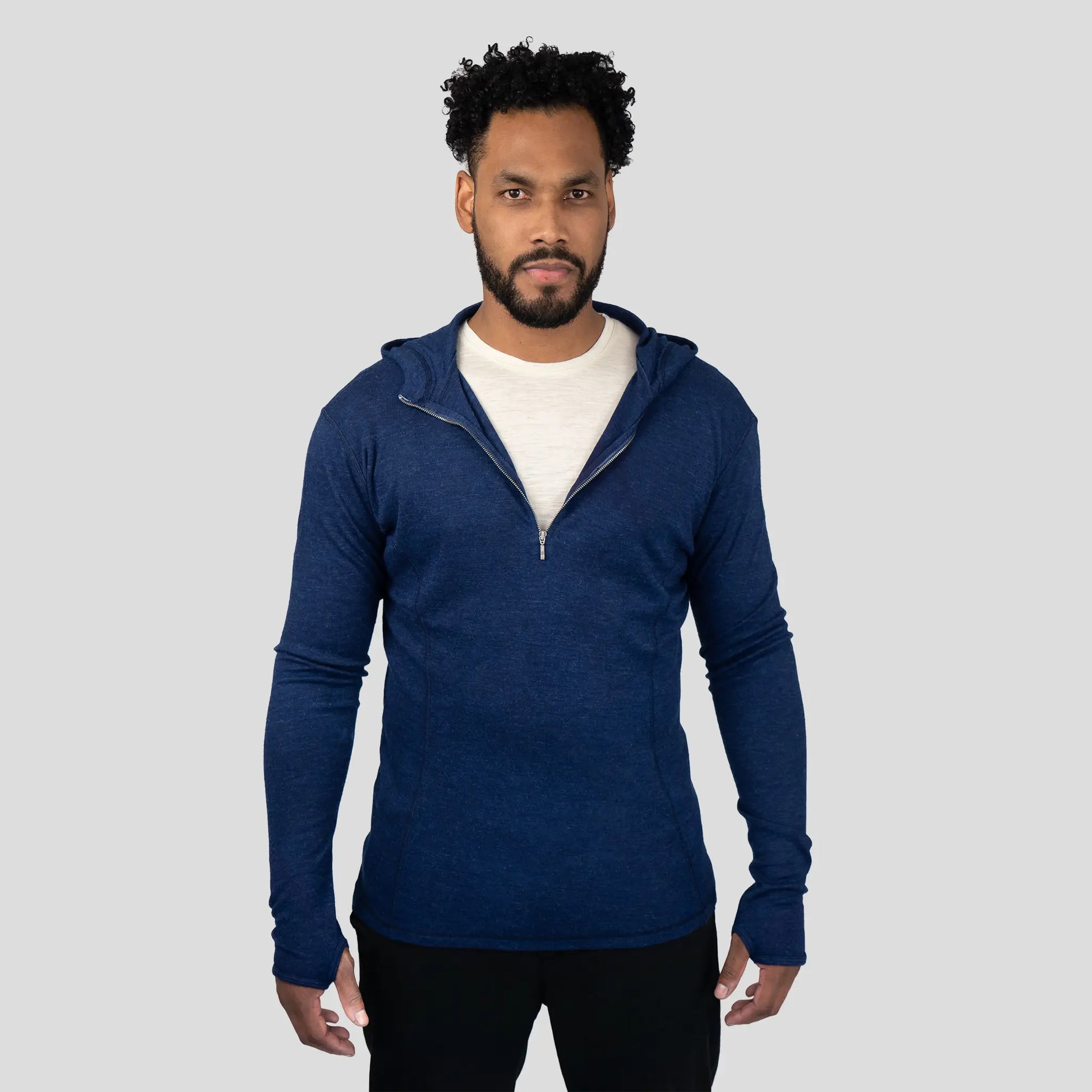 Men's Alpaca Wool Hoodie: 300 Lightweight Half-Zip color Natural Blue