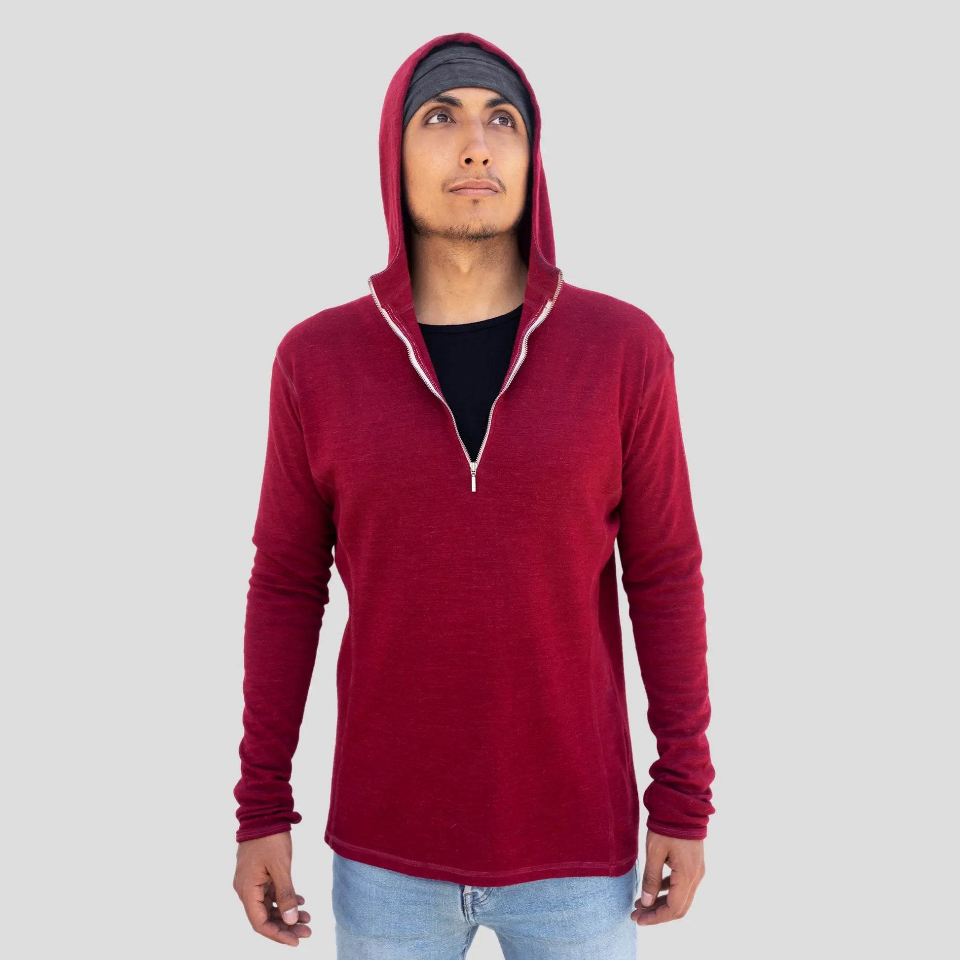 Men's Alpaca Wool Hoodie: 300 Lightweight Half-Zip color Natural Red