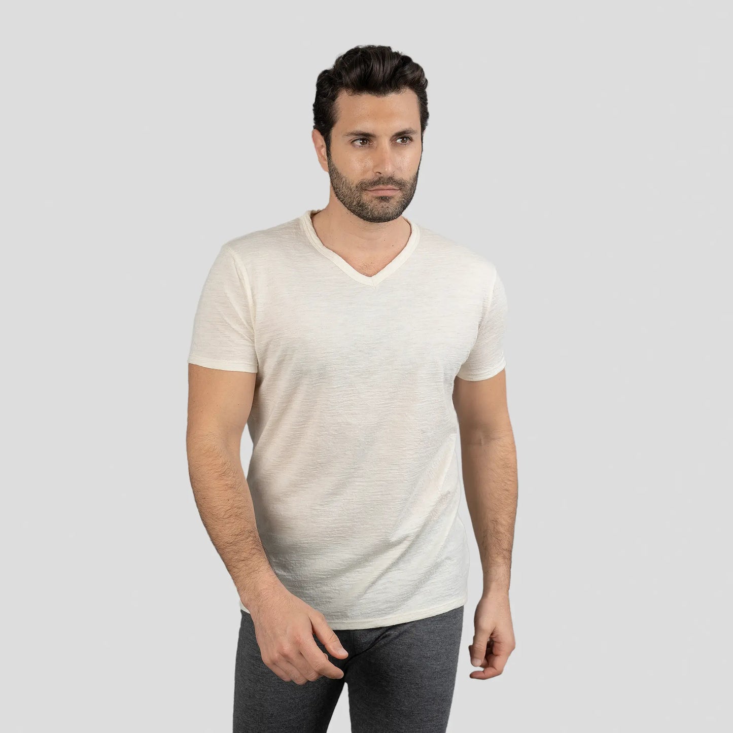 Men's Alpaca Wool Shirt: 160 Ultralight V-Neck color Natural White