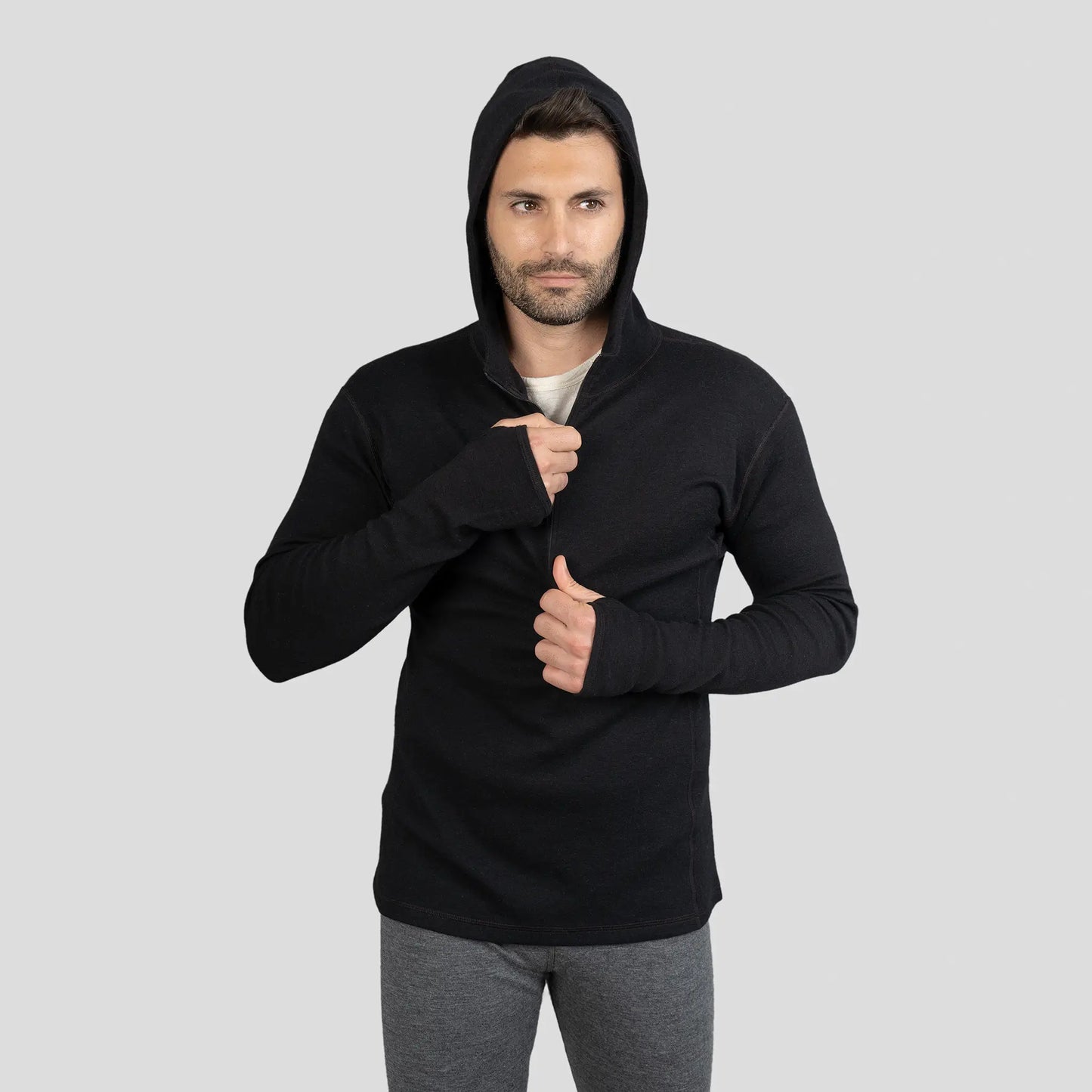 Men's Alpaca Wool Hoodie: 300 Lightweight Half-Zip color Black