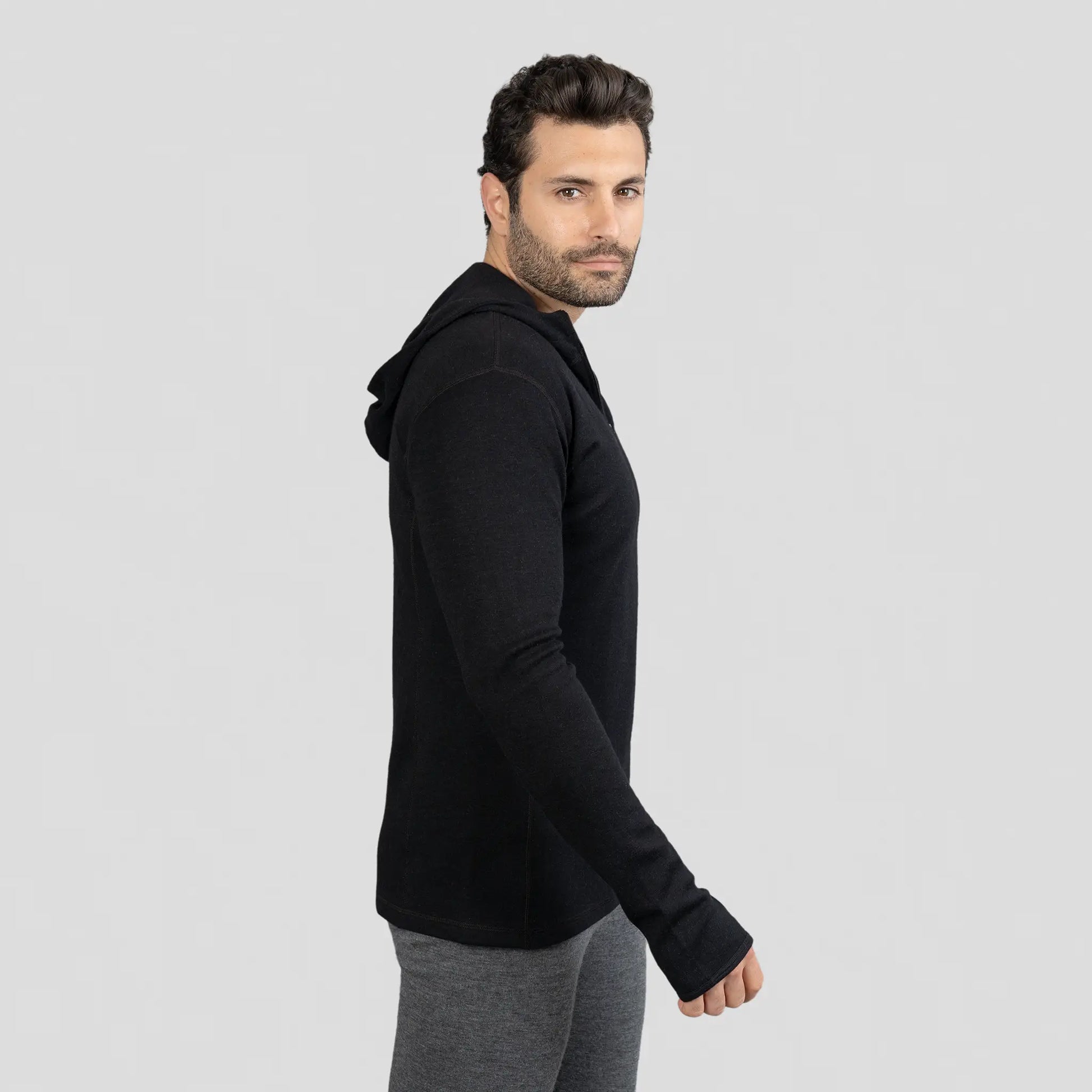 Men's Alpaca Wool Hoodie: 300 Lightweight Half-Zip color Black