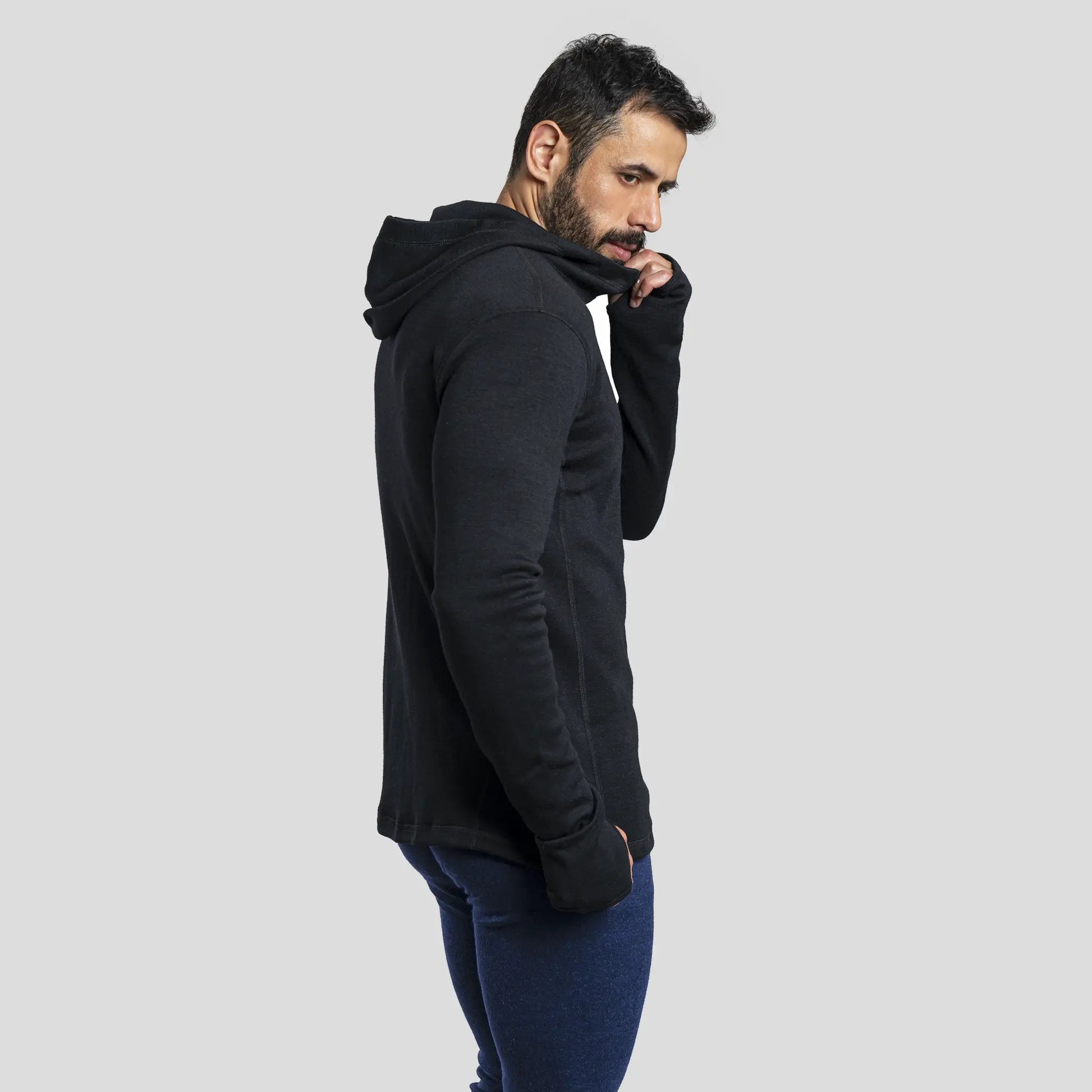 Men's Alpaca Wool Fleece Hooded Jacket: 420 Midweight Full-Zip color Black